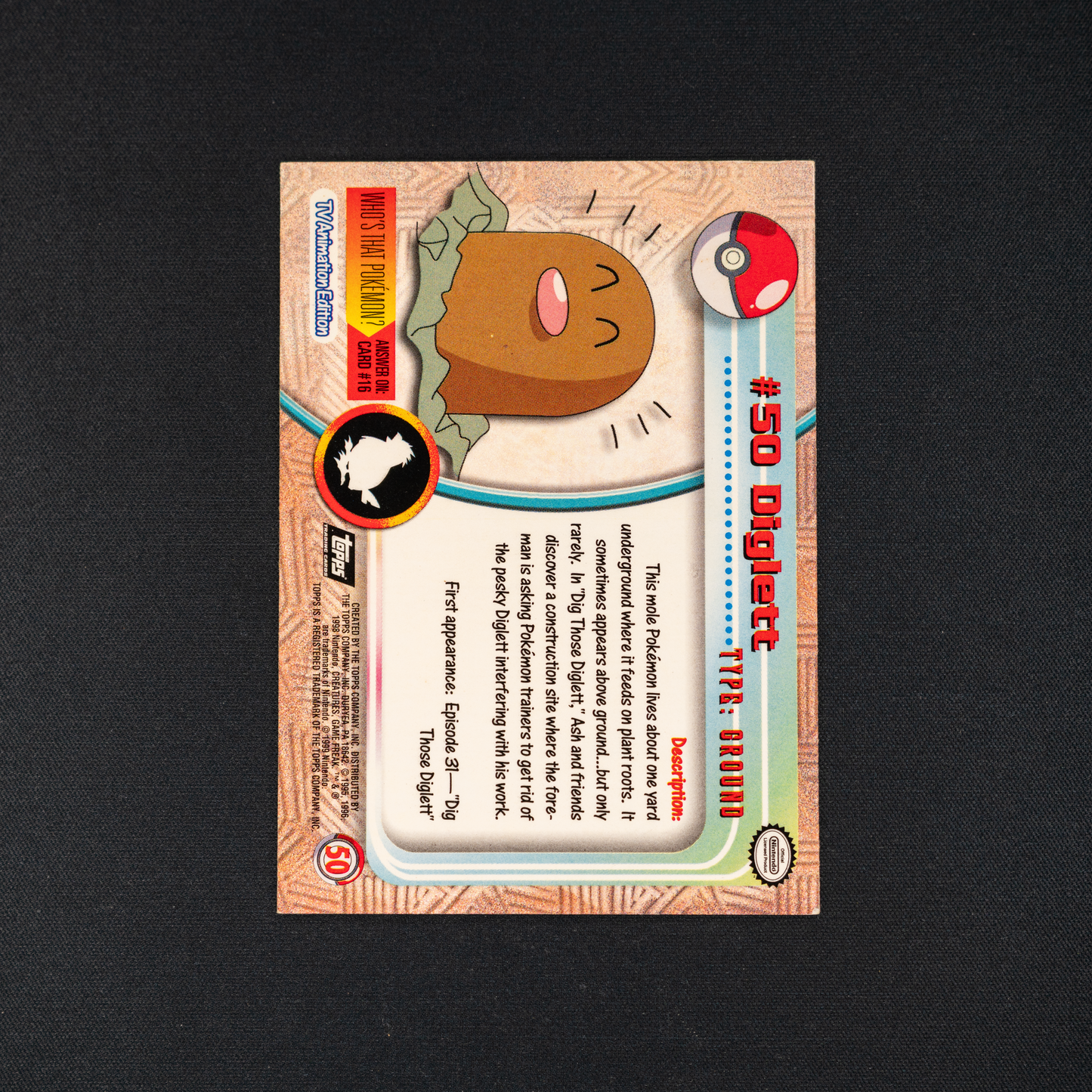 Diglett #50 Pokemon 1999 Topps TV
